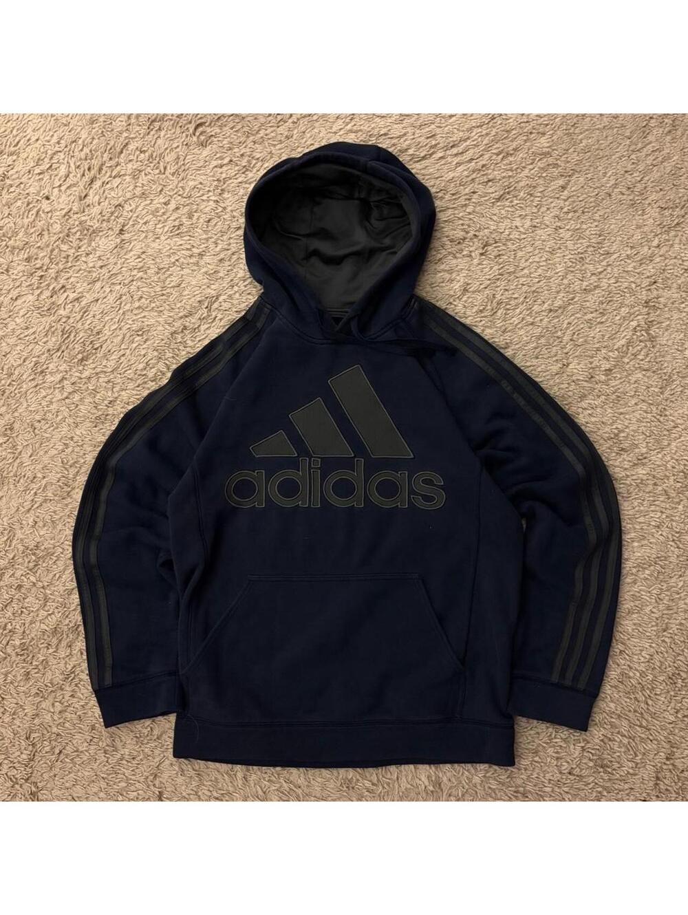Navy Adidas hoodie with black stripes on sleeves,